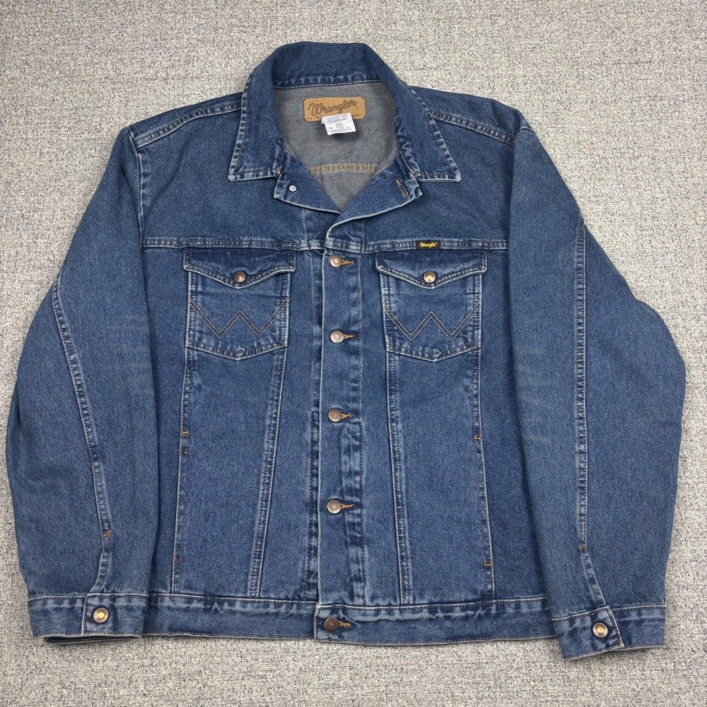 Vintage Wrangler Western Jacket Mens XXL Authentic Blue Denim Trucker Button Up